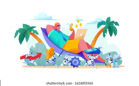 Joyful businessman lies on beach with laptop. team robots manage business processes. Smart orders payment delivery goods. metaphor AI in business concept work automation marketing. Vector illustration