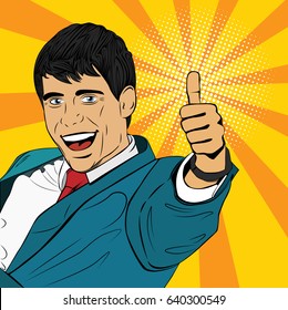 Joyful businessman lifts his thumb up. Approving gesture. Pop Art. Vector. Illustration. Retro.