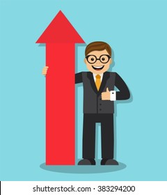 joyful businessman smiling and hugging hand big red up arrow