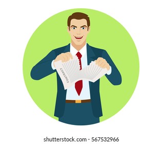 Joyful businessman tearing contract. Portrait of businessman in a flat style. Vector illustration.