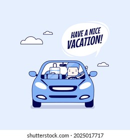 Joyful businessman traveling by car with suitcases and say Have a nice vacation. Cartoon character thin line style vector.
