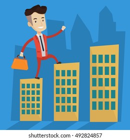 Joyful businessman walking on the roofs of city buildings. Confident businessman walking on the roofs of skyscrapers. Businessman walking to the success. Vector flat design illustration. Square layout