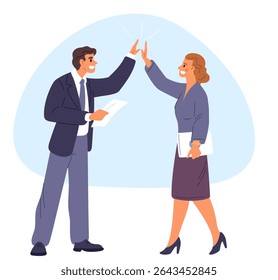 Joyful homens de negócios e mulheres realizadores batem palmas uns com os outros. Alto gesto de cinco. Liderança no trabalho em equipe de negócios. Colegas celebrando a vitória. Êxito dos trabalhadores. Conceito de vetor