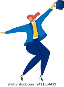 Joyful businesswoman dancing with briefcase. Contemporary female professional celebrates success. Career achievement and happiness vector illustration