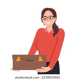  joyful businesswoman hugs suitcase with money. Happy boss and case with cash. Successful business pleasure goal. Flat vector illustration isolated on white background