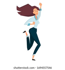 Joyful businesswoman jumping. Side view. Color flat vector cartoon illustration isolated on white