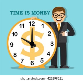 Joyful businesswoman shows his hand on a large round clock