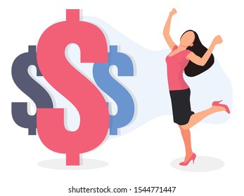 Joyful Businesswoman with three huge dollar currency signs. Economy and Finance Success concept.
