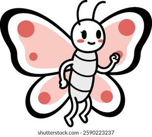 A joyful butterfly character with a smiling face and pink-spotted wings dances happily, radiating a playful and whimsical atmosphere.