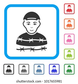 Joyful Camp Prisoner vector pictogram. Human face has enjoy mood. Black, grey, green, blue, red, pink color versions of camp prisoner symbol inside a rounded squared frame.