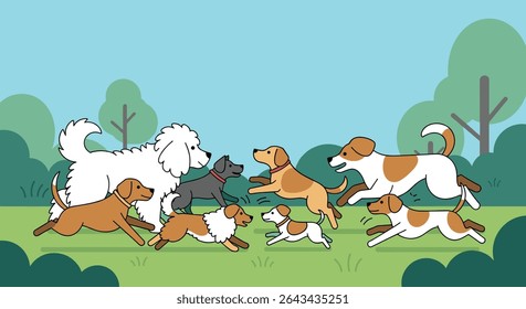 Um alegre canino reunindo uma coleção de cães brincando juntos no parque