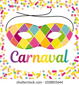 Joyful Carnaval illustration with beautfiul Harlequin mask on a colorful confetti and streamers vector background.