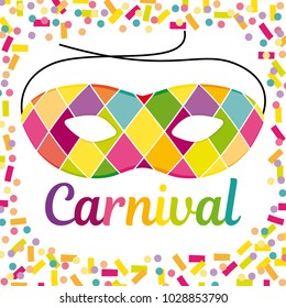 Joyful Carnival illustration with beautfiul Harlequin mask on a colorful confetti and streamers vector background.