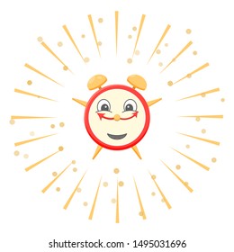 A joyful cartoon alarm clock emits rays of light in different directions. Vector illustration on a white background.