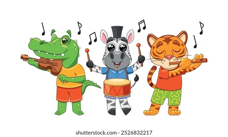 Joyful Cartoon Animals Playing Musical Instruments Create A Fun And Whimsical Scene. Crocodile, Zebra And Tiger