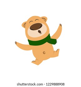 Joyful cartoon bear in green scarf dancing and having fun. Winter concept. Vector illustration can be used for topics like holiday, vacation, Christmas or New Year party