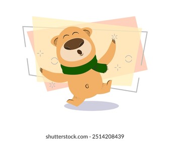 Joyful cartoon bear in green scarf dancing and having fun. Winter concept. Vector illustration can be used for topics like holiday, vacation, Christmas or New Year party