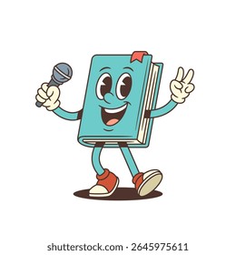 Joyful cartoon blue book mascot standing with microphone and making a victory gesture. Fun design concept for educational or entertainment purposes. Colorful emotional character. Vector illustration