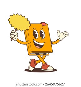 Joyful cartoon blue book mascot character with open arms holding a yellow banner for promotional sale or announcement. Positive mood, clear message and friendly expression. Vector illustration