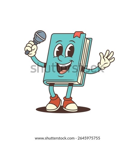 Joyful cartoon book mascot smiling with open arms in a welcoming gesture while holding a microphone. Ideal for educational, media or entertainment-themed design projects. Isolated vector illustration
