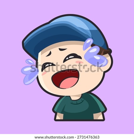 Joyful Cartoon Boy With Cap Laughing Hysterically with Tears