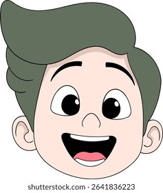 Joyful cartoon boy face with wide open mouth, expressive eyes, and styled greenish black hair. 