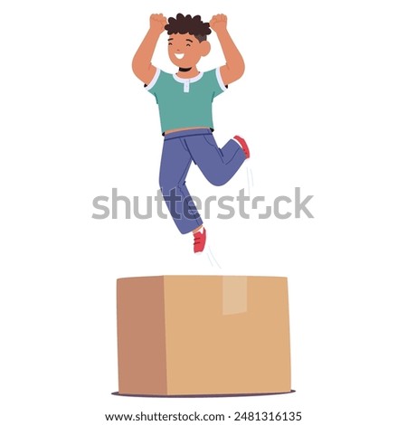 Joyful Cartoon Boy Jumping Over The Cardboard Box, Demonstrating Prepositions Of Place With Energy And Excitement. Vector Illustration For Educational Content, Children Activities Or Playful Themes