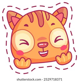 A joyful cartoon cat character with large round eyes and a cheerful smile features a bright orange color and simple bubbly design elements that convey playfulness.