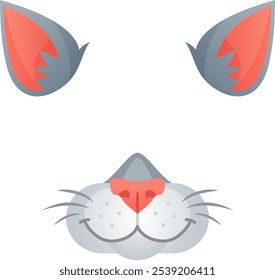 Joyful cartoon cat face with soft grey fur and a cute pink nose on a white background, perfect for pet lovers and animal enthusiasts