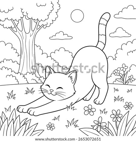 A joyful cartoon cat stretching in a bright garden — perfect for children’s coloring activities and animal-themed artwork.