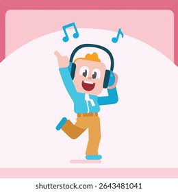 Joyful Cartoon Character Dancing with Headphones and Music Notes
