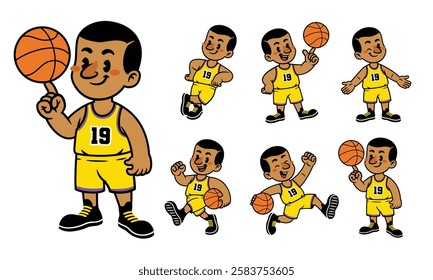 Joyful Cartoon Character Set Of Basketball Player