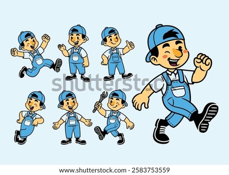 Joyful Cartoon Character Set Of Mechanic