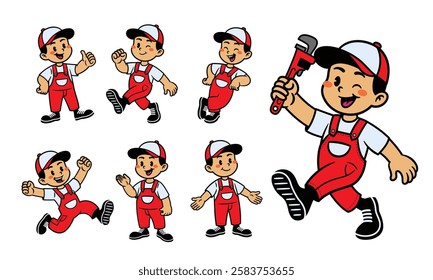 Joyful Cartoon Character Set Of Plumber