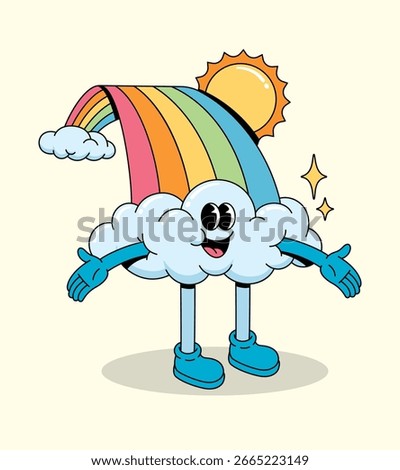 Joyful Cartoon Cloud Mascot Under Colorful Rainbow and Sun