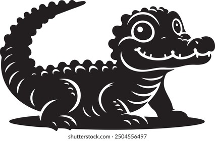 A joyful cartoon crocodile vector featuring a playful, smiling design in black and white, perfect for children's products, branding, and creative art projects.