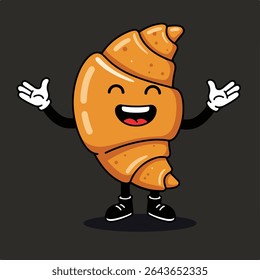 Um personagem alegre de croissant de desenho animado com braços estendidos sobre um fundo escuro.