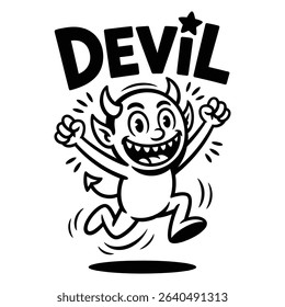 Joyful cartoon devil character jumping with devil word art