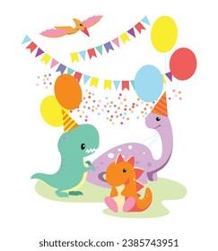 Joyful cartoon dinosaurs with balloons and flags on background. Versatile vector for celebrations, kids' events, and more.