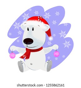 Joyful cartoon dog in Santa hat holding Christmas baubles. Celebrating concept. Vector illustration can be used for festive posters, greeting cards, party invitations