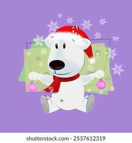 Joyful cartoon dog in Santa hat holding Christmas baubles. Celebrating concept. Vector illustration can be used for festive posters, greeting cards, party invitations