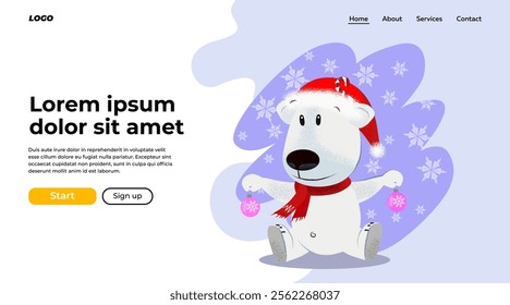 Joyful cartoon dog in Santa hat holding Christmas baubles. Celebrating concept. Vector illustration can be used for banner web design, landing page