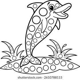 A joyful cartoon dolphin, outlined with a dot-to-color pattern, is depicted leaping above a grassy area also filled with dots.