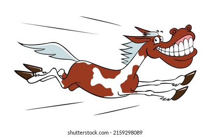 Joyful cartoon galloping horse. Funny joyful cartoon horse. American paint horse. Vector illustration isolated on white. American spotted horse.