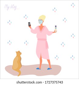 
Joyful cartoon girl with a mask on her face creates a photo for a blog. Woman blogger uses a phone on an isolated white background. flat vector illustration.