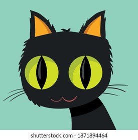Joyful cartoon green-eyed black cat smiling while looking away. Vector