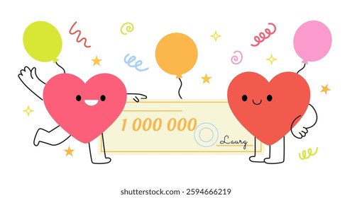 Joyful cartoon heart characters holding bank check for million. Winner, grant, lottery gain surrounded by air balloon and confetti. Winner announcement concept. Vector illustration