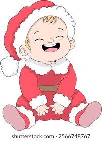 A joyful cartoon illustration of a baby boy wearing a red Santa suit with white fluffy trim, sitting and laughing with happiness