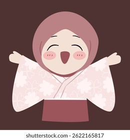 Joyful cartoon illustration of a woman in a hijab and kimono, expressing happiness with open arms.