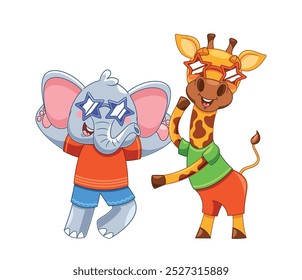 Joyful Cartoon Image Of An Elephant And Giraffe Characters Dancing Together In Bright Outfits And Star Sunglasses